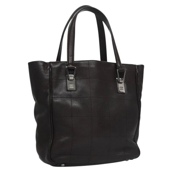 CHANEL Hand Bag Grained Calf Skin Dark Brown Silver CC - Picture 1 of 16